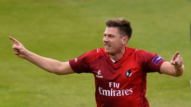 Lancashire bowler James Faulkner celebrates the wicket of Phil Mustard during the NatWest T20