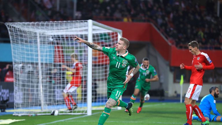 Republic of Ireland's James McClean celebrates after scoring against Austria