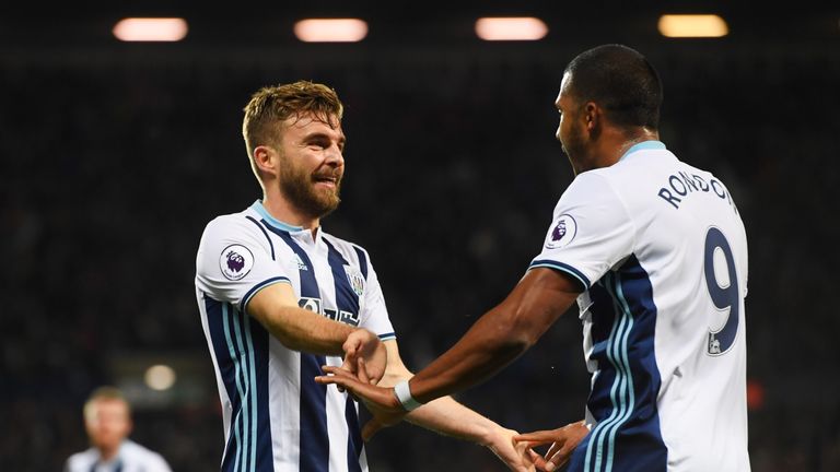 James Morrison of West Brom (left) celebrates with Jose Salomon Rondon 