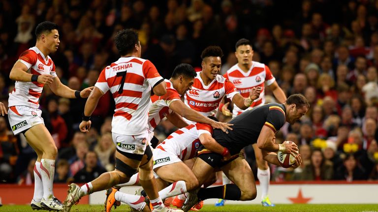 CARDIFF, WALES - NOVEMBER 19:  Wales player Jamie Roberts goes over for the second Wales try during the International match between Wales and Japan at Prin