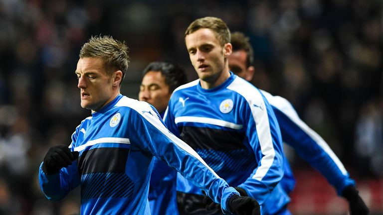 Leicester City's English forward Jamie Vardy (L) and his teammates warm up prior to the UEFA Champions League group G football match between FC Copenhagen 