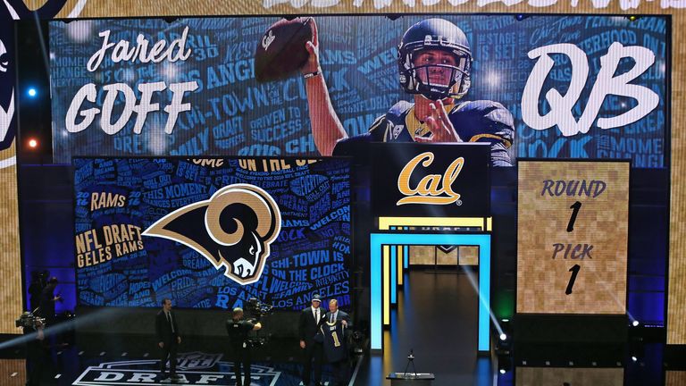 CHICAGO, IL - APRIL 28:  Jared Goff poses with Roger Goodell after being drafted by the Los Angeles Rams during the 2016 NFL Draft at the Auditorium Theate