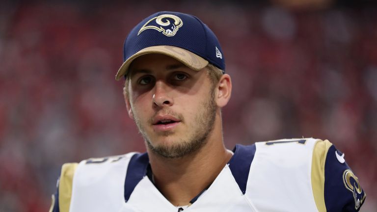 GLENDALE, AZ - OCTOBER 02:  Quarterback Jared Goff #16 of the Los Angeles Rams stands on the sidelines during the NFL game against the Arizona Cardinals at