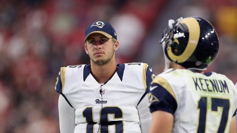 GLENDALE, AZ - OCTOBER 02:  Quarterback Jared Goff #16 of the Los Angeles Rams talks with Case Keenum #17 on the sidelines during the NFL game against the 