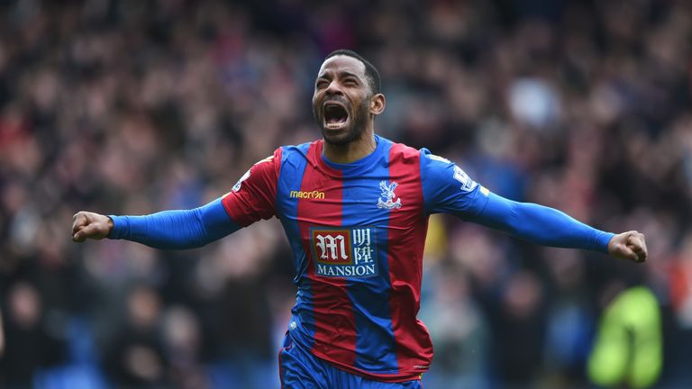 LONDON, ENGLAND - APRIL 09: Jason Puncheon of Crystal Palace celebrates scoring his team's first goal during the Barclays Premier League match between Crys