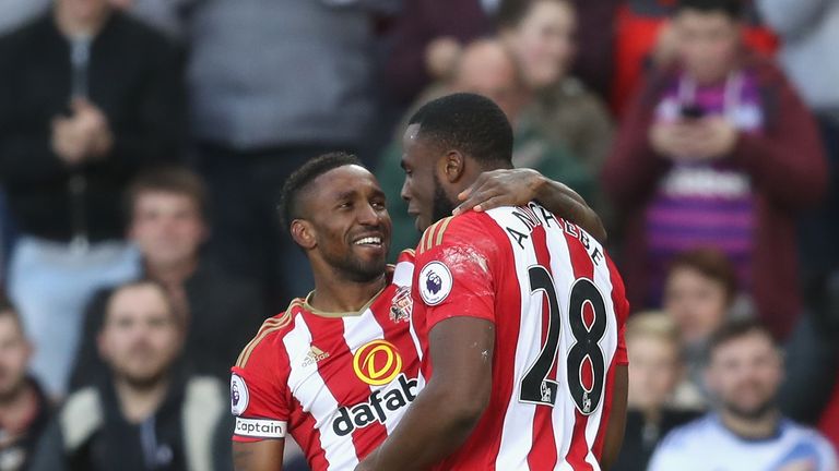 Jermain Defoe celebrates scoring his 150th Premier League goal with Victor Anichebe, who added two of his own in a 3-0 win over Hull City