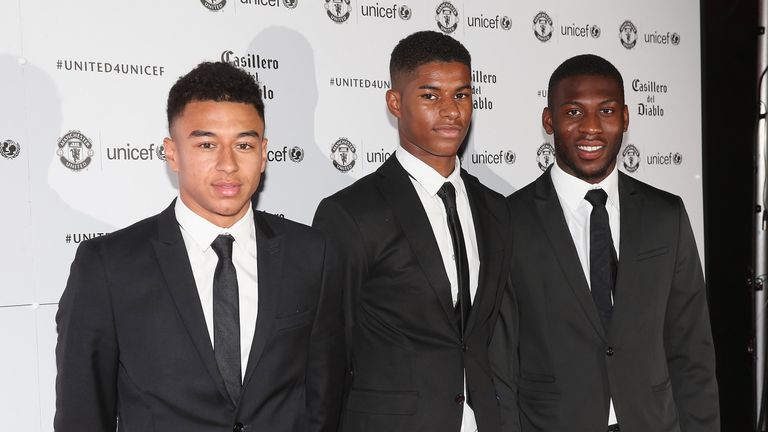 Jesse Lingard, Marcus Rashford and Timothy Fosu-Mensah arrive at the annual United for UNICEF dinner at Old Trafford