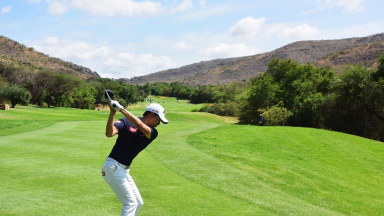 Jeunghun Wang of Korea plays a shot during the third round of the Nedbank Golf Challenge
