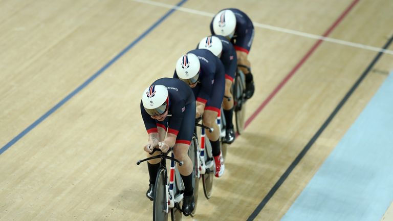 RIO DE JANEIRO, BRAZIL - AUGUST 13:  Katie Archibald, Laura Trott, Elinor Barker, Joanna Rowsell-Shand of Great Britain compete in the Women's Team Pursuit