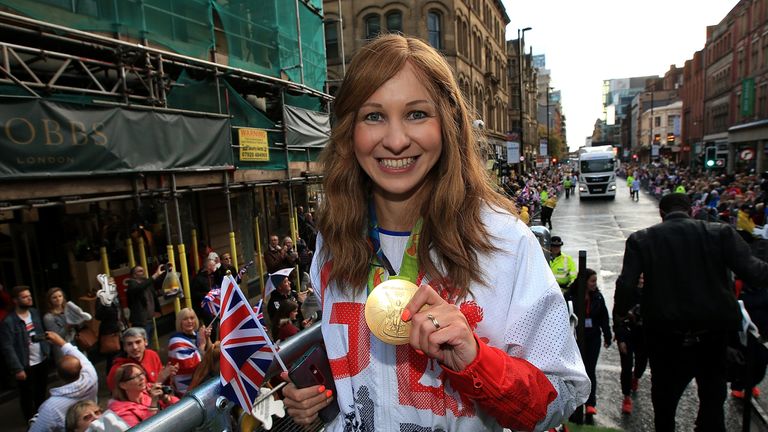 Joanna Rowsell-Shand poses during a Rio 2016 Victory Parade for the British Olympic and Paralympic teams on October 17 
