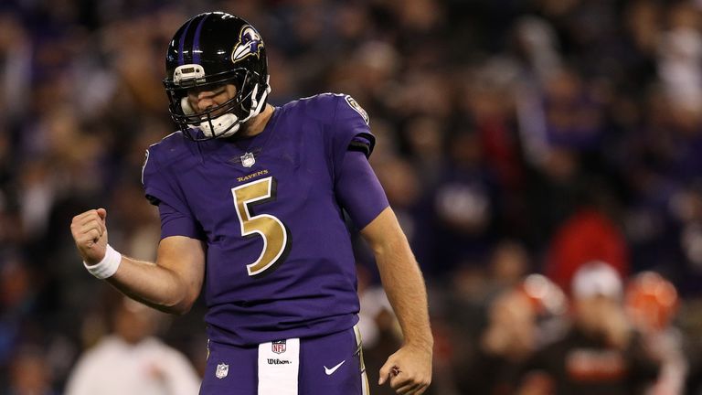 BALTIMORE, MD - NOVEMBER 10: Quarterback Joe Flacco #5 of the Baltimore Ravens reacts after a play against the Cleveland Browns in the third quarter at M&T