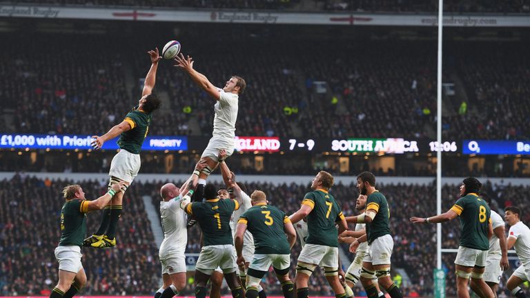 LONDON, ENGLAND - NOVEMBER 12: Joe Launchbury of England wins against Eben Etzebeth of South Africa at a line out during the Old Mutual Wealth Series match