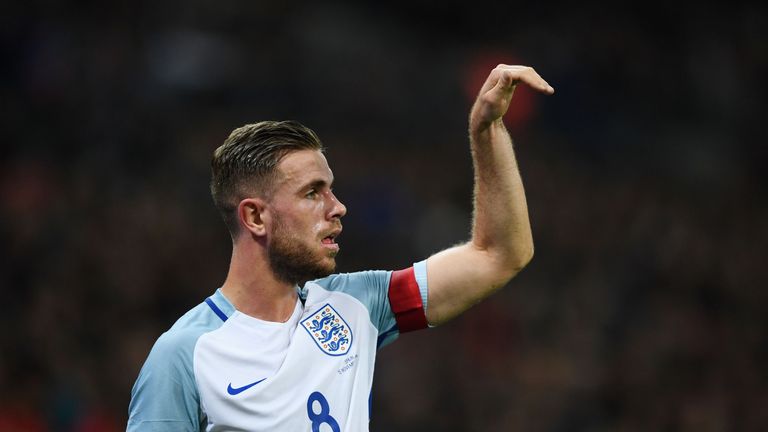 LONDON, ENGLAND - NOVEMBER 15:  Captain Jordan Henderson of England signals during the international friendly match between England and Spain at Wembley St