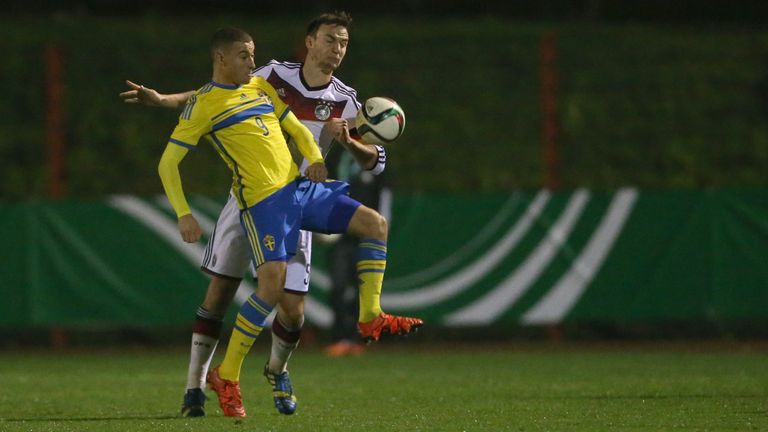 VOELKLINGEN, GERMANY - NOVEMBER 13:  Benedikt Gimber of Germany challenges Jordan Larsson of Sweden during the U19 Four-Nations-Cup , Germany vs Sweden on 