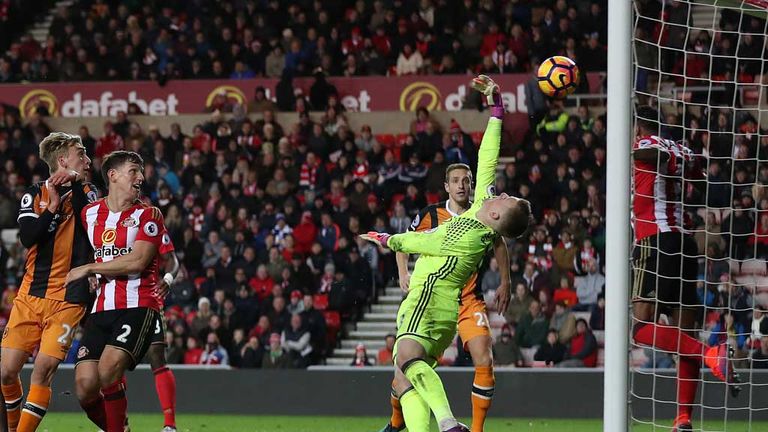 Jordan Pickford saves from Dieumerci Mbokani during Saturday's match at the Stadium of Light