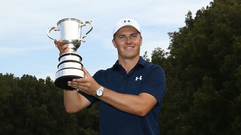 Jordan Spieth poses with the Stonehaven trophy after winning the 2016 Australian Open