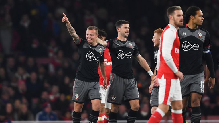 Jordy Clasie of Southampton celebrates after scoring the opener against Arsenal in the EFL Cup