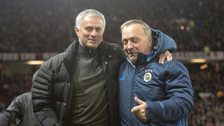 Manchester United's Portuguese manager Jose Mourinho (L) greets Fenerbahce's Dutch coach Dick Advocaat (R) during the UEFA Europa League group A match