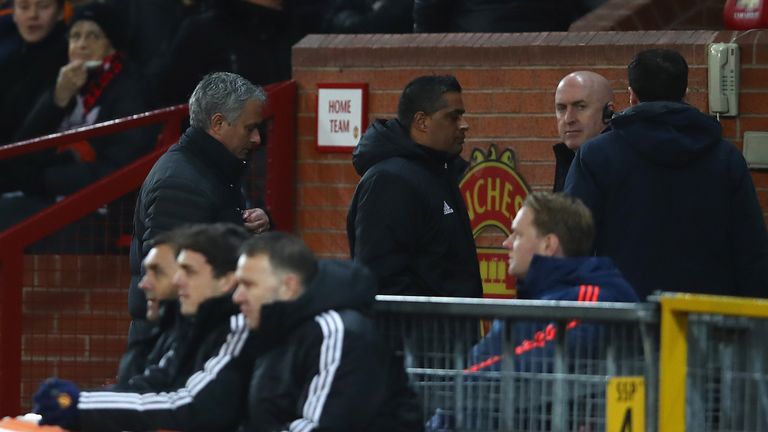 MANCHESTER, ENGLAND - NOVEMBER 27:  Jose Mourinho, Manager of Manchester United makes his way to the stands after being sent there by their by the referee 