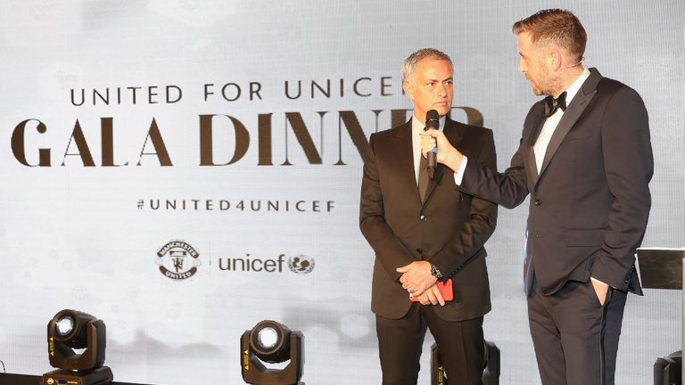 Jose Mourinho speaks at the annual United for UNICEF dinner at Old Trafford