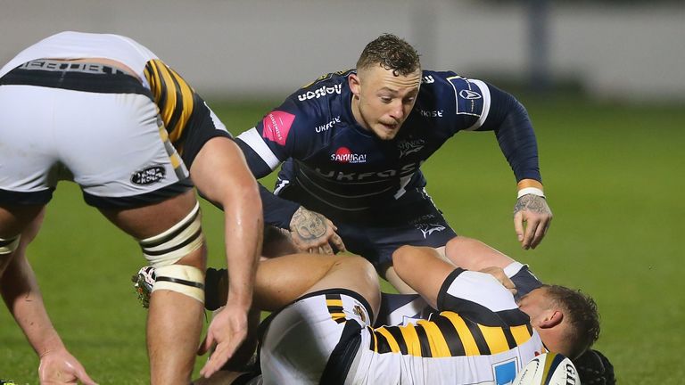 SALFORD, ENGLAND - NOVEMBER 04:  Josh Charnley of Sale Sharks in action during the Anglo-Welsh Cup match between Sale Sharks and Wasps at AJ Bell Stadium o