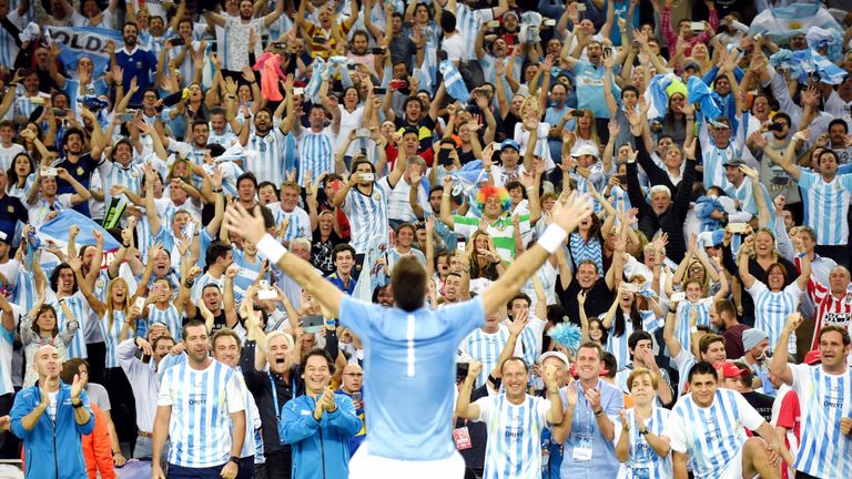 Argentina's Juan Martin del Potro celebrates with supporters