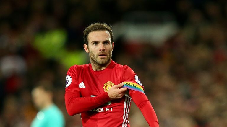 Juan Mata, rainbow captain's armband, Manchester United v West Ham, Premier League, Rainbow Laces