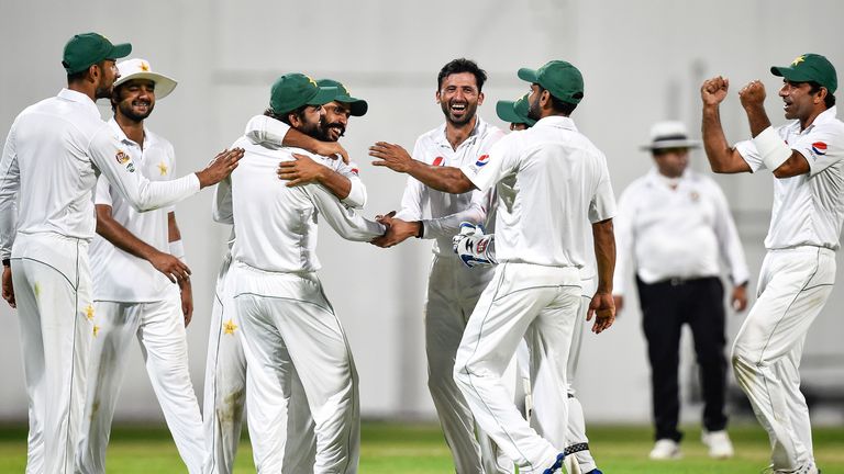 Junaid Khan celebrates during Pakistan's warm-up against West Indies in October