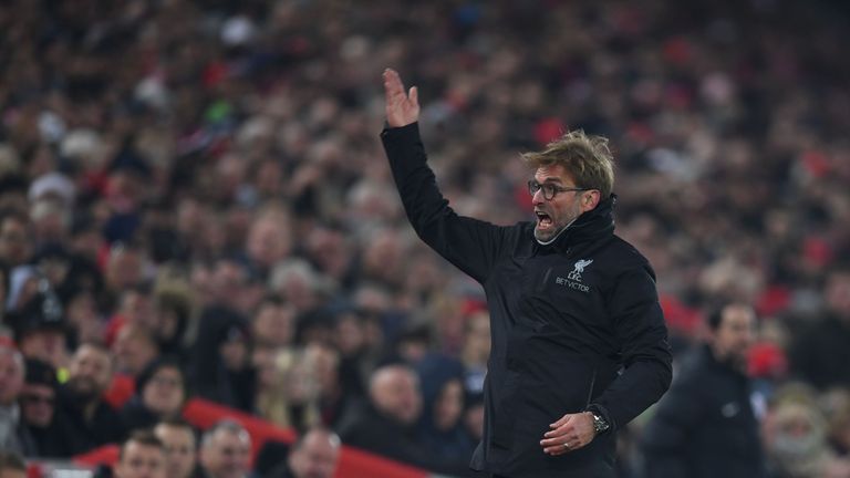 Liverpool's German manager Jurgen Klopp gestures and shouts at the crowd during the English Premier League football match between Liverpool and Sunderland 