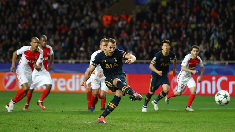 MONACO - NOVEMBER 22: Harry Kane of Tottenham Hotspur scores his teams first goal from the spot during the UEFA Champions League Group E match between AS M