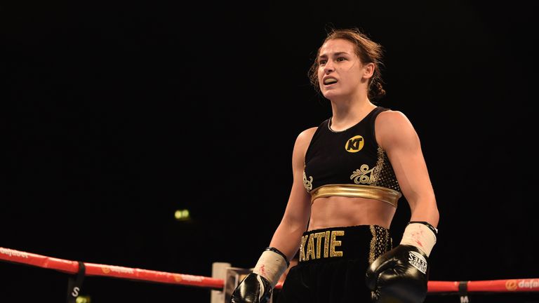 LONDON, ENGLAND - NOVEMBER 26: Katie Taylor reacts as she defeats Karina Kopinska in a Lightweight contest at Wembley Arena on November 26, 2016 in London,