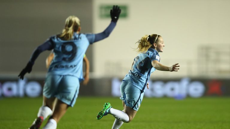 Keira Walsh of Manchester City Women (right) celebrates scoring against BRondby with team-mate Toni Duggan