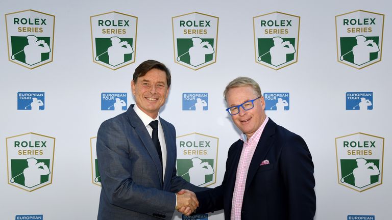 DUBAI, UNITED ARAB EMIRATES - NOVEMBER 15: European Tour, Chief Executive, Keith Pelley (r) announces the Rolex Series with Rolex Global Head of Sponsorshi