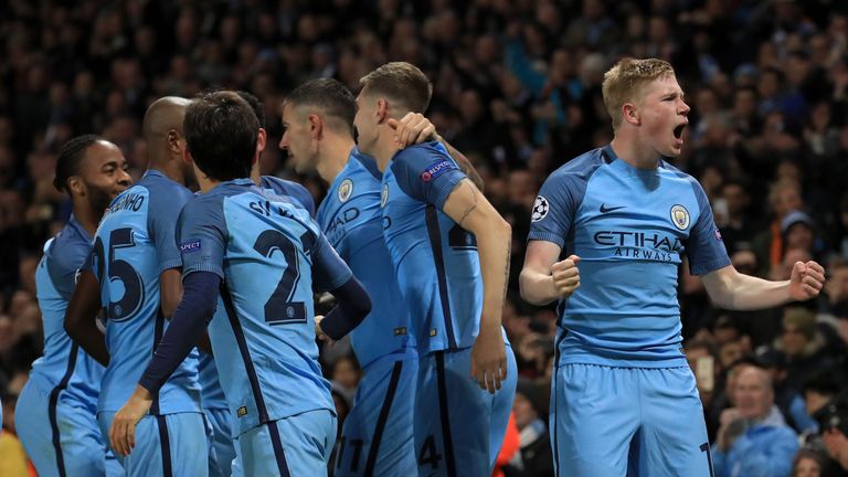 Manchester City's Kevin De Bruyne (right) celebrates with team mates after scoring his sides second goal of the game during the UEFA Champions League match
