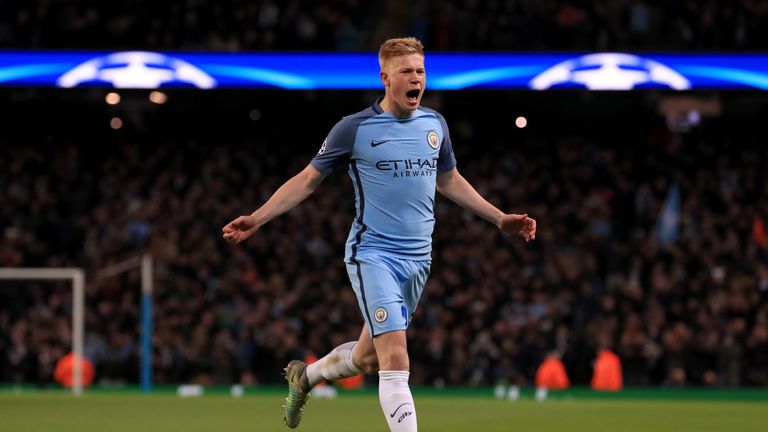 Manchester City's Kevin De Bruyne celebrates scoring his sides second goal of the game during the UEFA Champions League match at the Etihad Stadium, Manche
