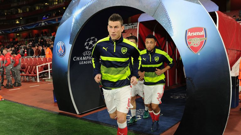 Koscielny runs during the UEFA Champions League match between Arsenal FC and Paris Saint-Germain at Emirates Stadium on November 23, 2016