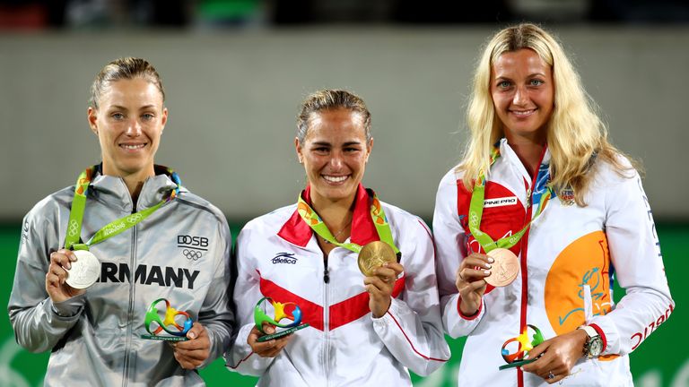 RIO DE JANEIRO, BRAZIL - AUGUST 13:  (L-R) Silver medalist Angelique Kerber of Germany, gold medalist Monica Puig of Puerto Rico and bronze medalist Petra 