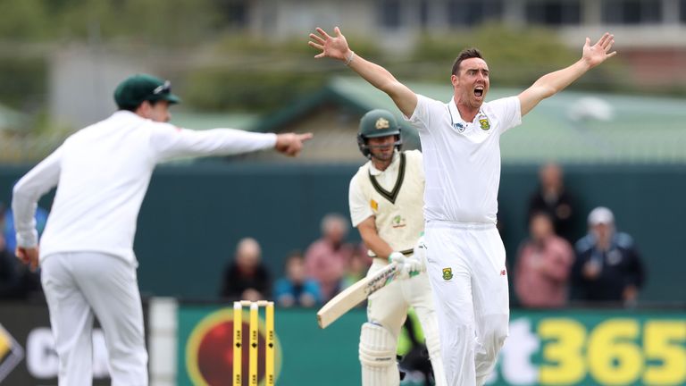 HOBART, AUSTRALIA - NOVEMBER 12:  Kyle Abbott of South Africa appeals for the wicket of Joe Burns of Australia  during day one of the Second Test match bet