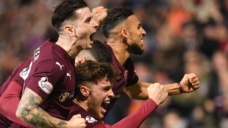 Hearts players celebrate after going 1-0 ahead against Rangers