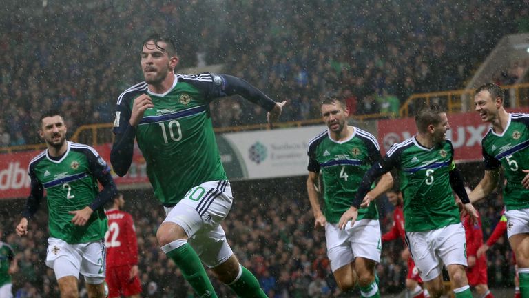 Northern Ireland's Kyle Lafferty (second from left) celebrates scoring his sides first goal of the game during the 2018 FIFA World Cup qualifying, Group C 