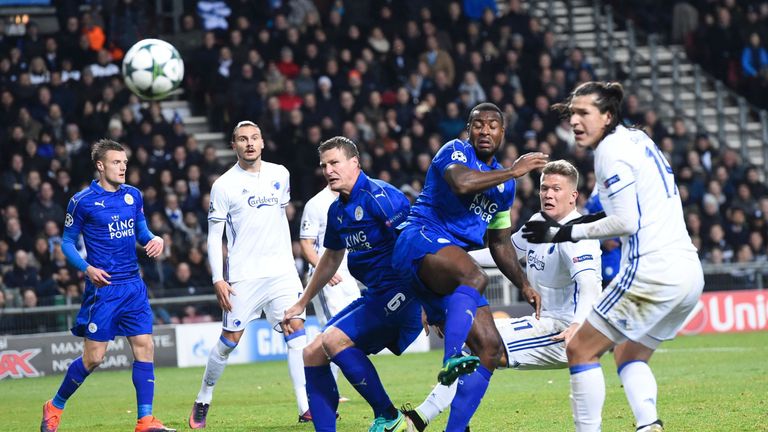 Leicester City's players and FC Copenhagen's players vie for the ball during the UEFA Champions League group G football match between FC Copenhagen and Lei
