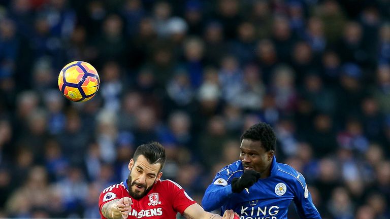 LEICESTER, ENGLAND - NOVEMBER 26: Alvaro Negredo of Middlesbrough and Daniel Amartey of Leicester City compete for the ball during the Premier League match