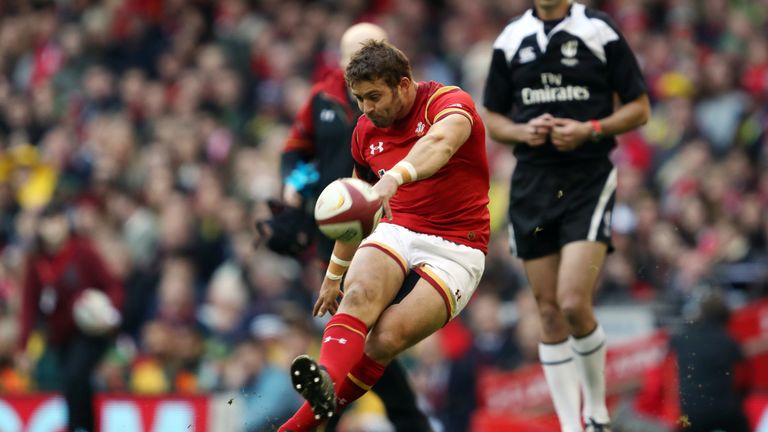 Wales' Leigh Halfpenny kicks a penalty during the Autumn International match at the Principality Stadium, Cardiff.