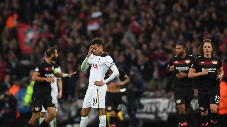 LONDON, ENGLAND - NOVEMBER 02:  Dele Alli of Tottenham Hotspur reacts after Bayer Leverkusen score their first goal during the UEFA Champions League Group 