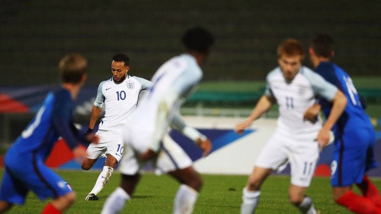PARIS, FRANCE - NOVEMBER 14:  Lewis Baker of England U21 (10) scores their second goal from a free kick during the U21 international friendly match between
