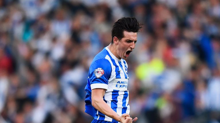 BRIGHTON, ENGLAND - MAY 16:  Lewis Dunk of Brighton and Hove Albion celebrates as he scores their first goal during the Sky Bet Championship Play Off semi 