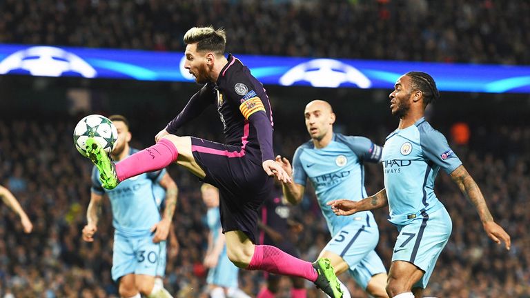 Barcelona star Lionel Messi controls the ball during the match with Manchester City