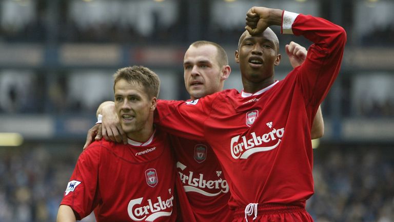 Michael Owen of Liverpool celebrates scoring his 3rd goal with Danny Murphy and El-Hadji Diouf 