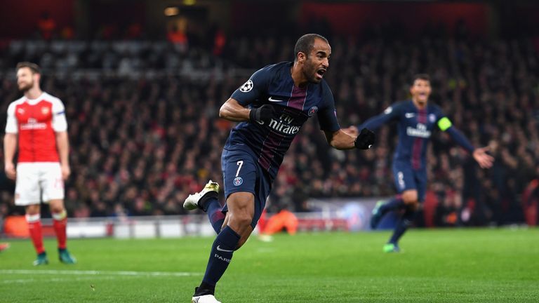 LONDON, ENGLAND - NOVEMBER 23:  Lucas of PSG celebrates scoring his sides second goal during the UEFA Champions League Group A match between Arsenal FC and