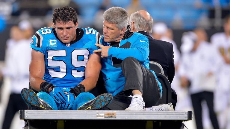 CHARLOTTE, NC - NOVEMBER 17:  Luke Kuechly #59 of the Carolina Panthers is carried off the field after an injury against the New Orleans Saints in the four